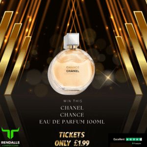 Win a Chanel Chance Eau de Parfum 100ml bottle in a competition promotion. The image features a golden liquid perfume bottle with a modern square cap, surrounded by elegant gold beams and particle lights on a dark background. Displayed text highlights the opportunity to win for only £1.99. Logos at the bottom show "Rendalls Competitions" and a Trustpilot rating graphic with "Excellent" reviews.