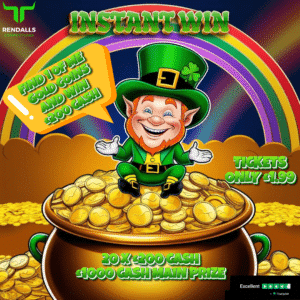 Cartoon-style image of a smiling leprechaun sitting on a large pot overflowing with gold coins, with a vibrant rainbow in the background. Text on the image promotes an "Instant Win" competition, with tickets priced at £1.99. Featured prizes include £200 cash for finding gold coins and a £1000 cash main prize. The design includes bold green text and an animated, colorful theme emphasizing gold, wealth, and the luck of the Irish.