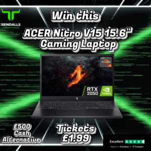 Win an Acer Nitro V15 15.6-inch gaming laptop with AMD Ryzen 5 processor and Nvidia RTX 2050 graphics. Tickets available for £1.99. Option for £500 cash alternative. Image features dark background with green digital lines, alongside Trustpilot rating displaying excellent reviews.