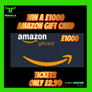 Win £1000 Amazon gift card competition by Rendalls, with tickets priced at only £2.99, featuring the Amazon logo and 5-star Trustpilot rating for excellent reviews