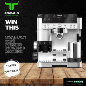 Win a Ninja Luxe Café Premier Espresso Machine competition, promoted by Rendalls Competitions with ticket prices starting at £2.99. The sleek silver espresso machine sits on a wooden countertop with a Trustpilot rating banner indicating excellent reviews.