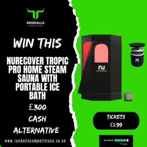 Competition promotion image for Rendalls Competitions featuring the Nurecover Tropic Pro Home Steam Sauna with a portable ice bath. Bright green background showcasing images of the steam sauna, portable ice bath, a £300 cash alternative prize, and ticket price of £1.99. Text overlay reads "Win this Nurecover Tropic Pro Home Steam Sauna with Portable Ice Bath." Website address www.rendallscompetitions.co.uk and customer review rating from Trustpilot are displayed at the bottom.