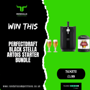 Rendalls Competitions PerfectDraft Black Stella Artois Starter Bundle giveaway promotion featuring a PerfectDraft beer dispenser, a keg of Stella Artois, and two Stella Artois branded glasses. Tickets priced at £1.99, with Trustpilot excellent rating displayed.