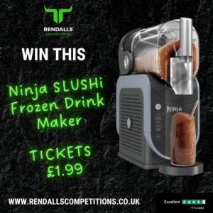 Win a Ninja Slushi Frozen Drink Maker competition hosted by Rendalls Competitions with tickets available for £1.99. Image shows the machine making a slush drink beside neon green text and competition details, with a Trustpilot "Excellent" rating visible.