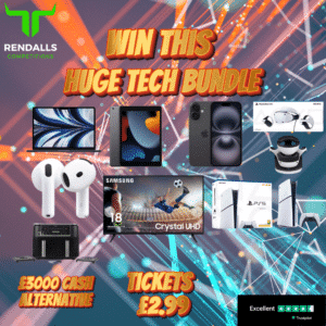 Win a huge tech bundle competition by Rendalls Competitions, showcasing prizes like an Apple MacBook Air, iPad, iPhone, AirPods, PlayStation 5 with accessories, Samsung Crystal UHD TV, air fryer, and a £3000 cash alternative. Tickets priced at £2.99 with a 5-star Trustpilot rating displayed.